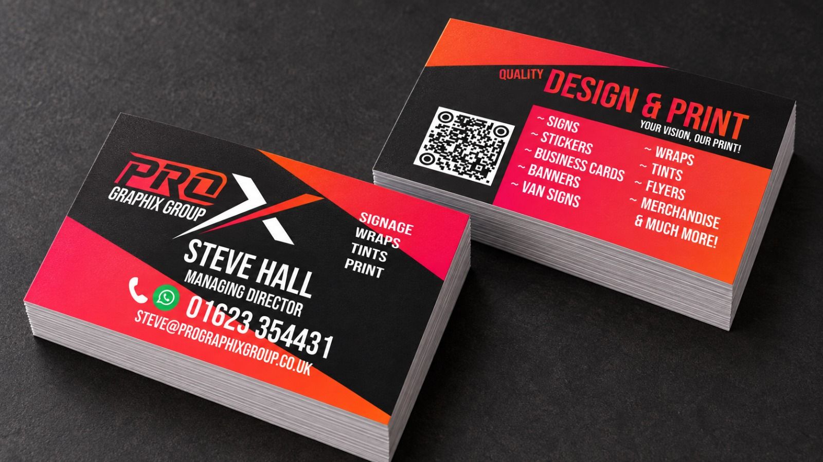 Pro Graphix Group business cards listing signage, wraps, tints and print