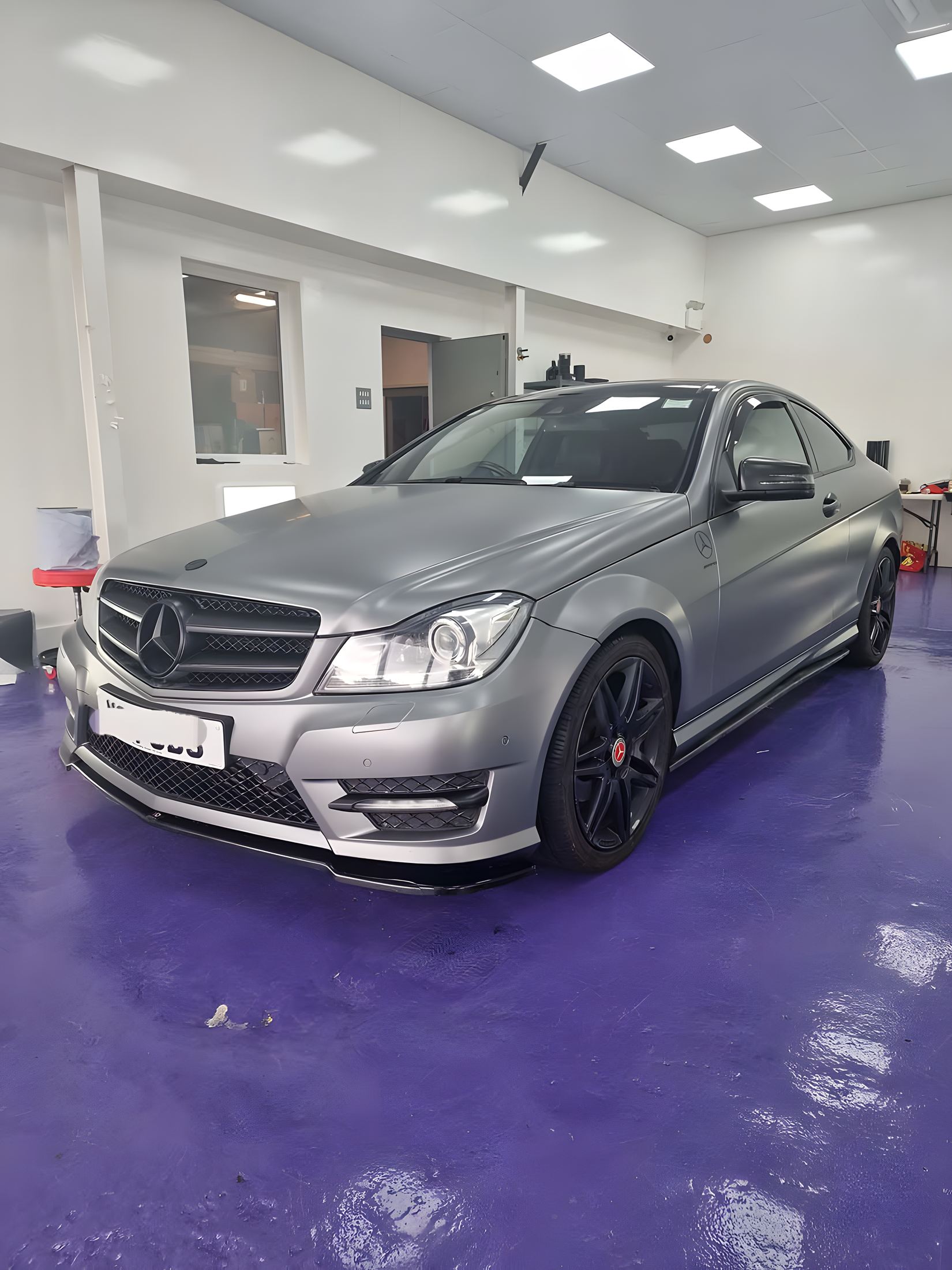 Satin grey wrapped Mercedes C-Class coupe in the Pro Graphix unit