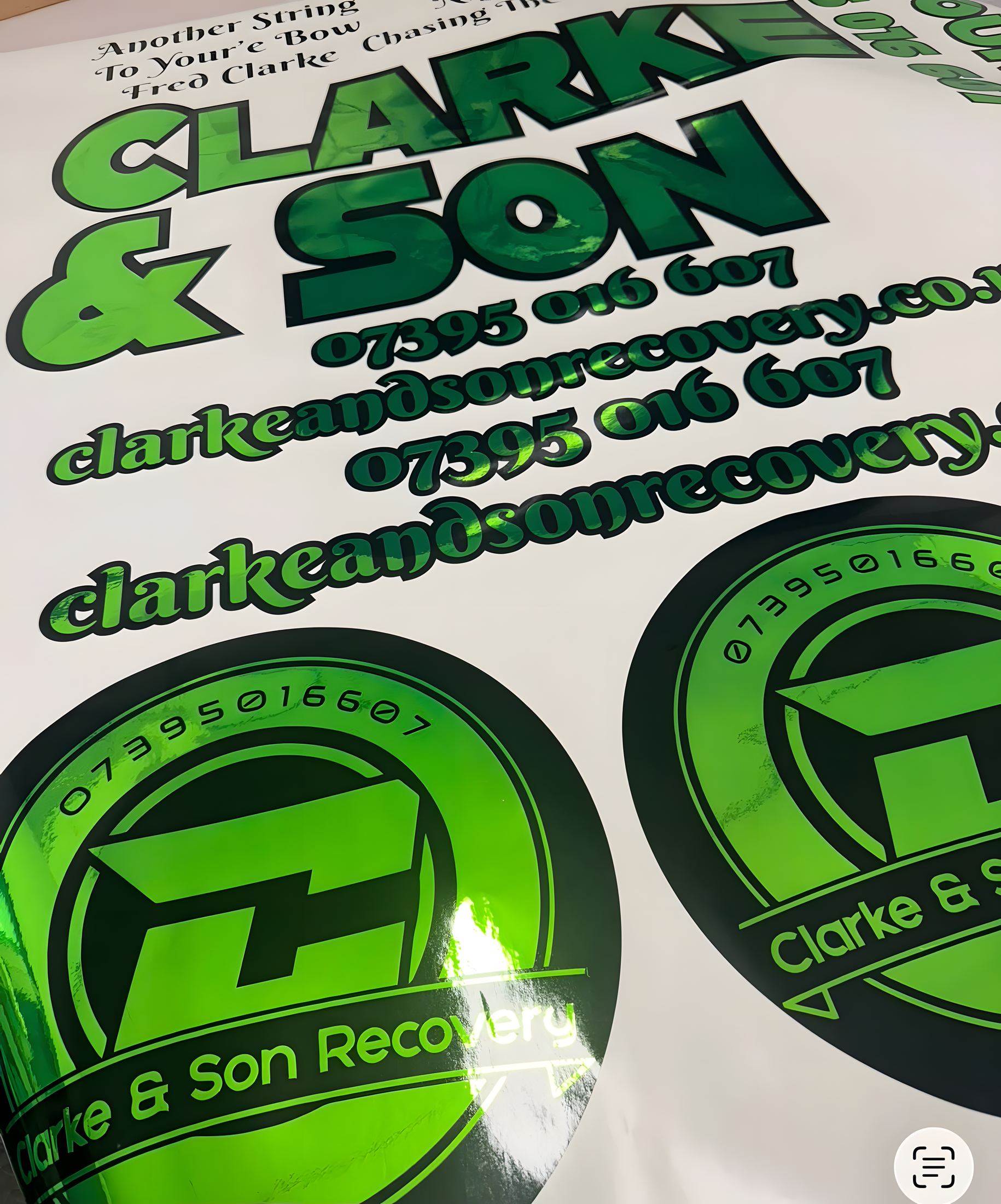Printed and cut Clarke & Son Recovery stickers in metallic green vinyl