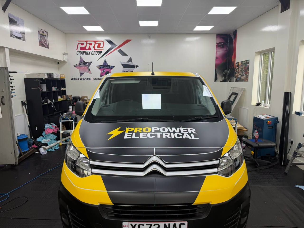 Front of the ProPower Electrical van with lightning bolt bonnet wrap