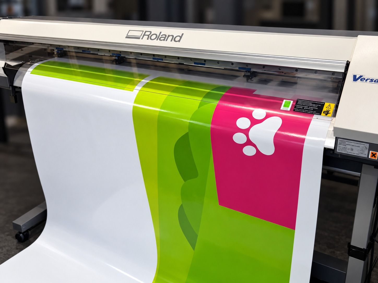Roland large format printer printing a green and pink vinyl design
