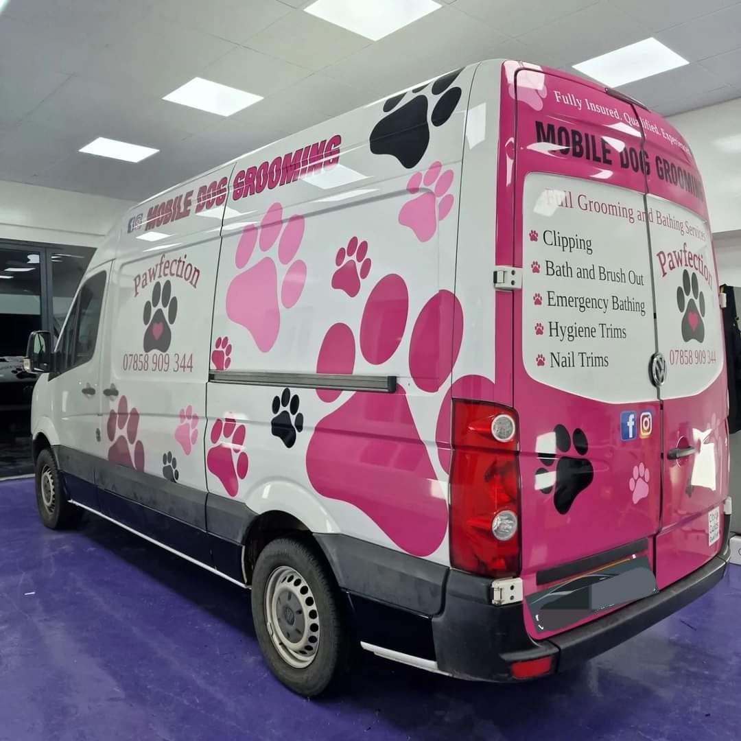 Mobile dog grooming van livery designed and fitted by Pro Graphix Group