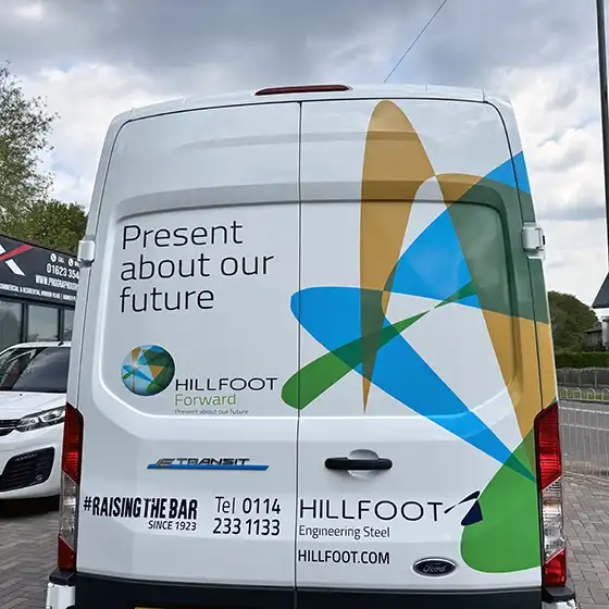 Rear doors of the Hillfoot Transit with contact details