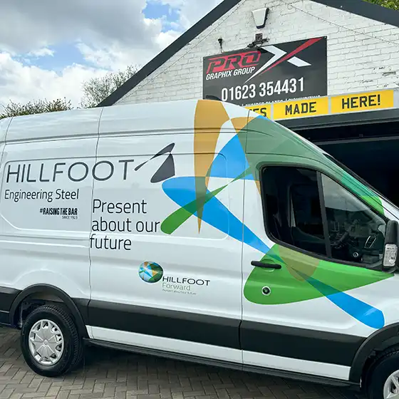 Hillfoot Transit van signage outside the Pro Graphix unit